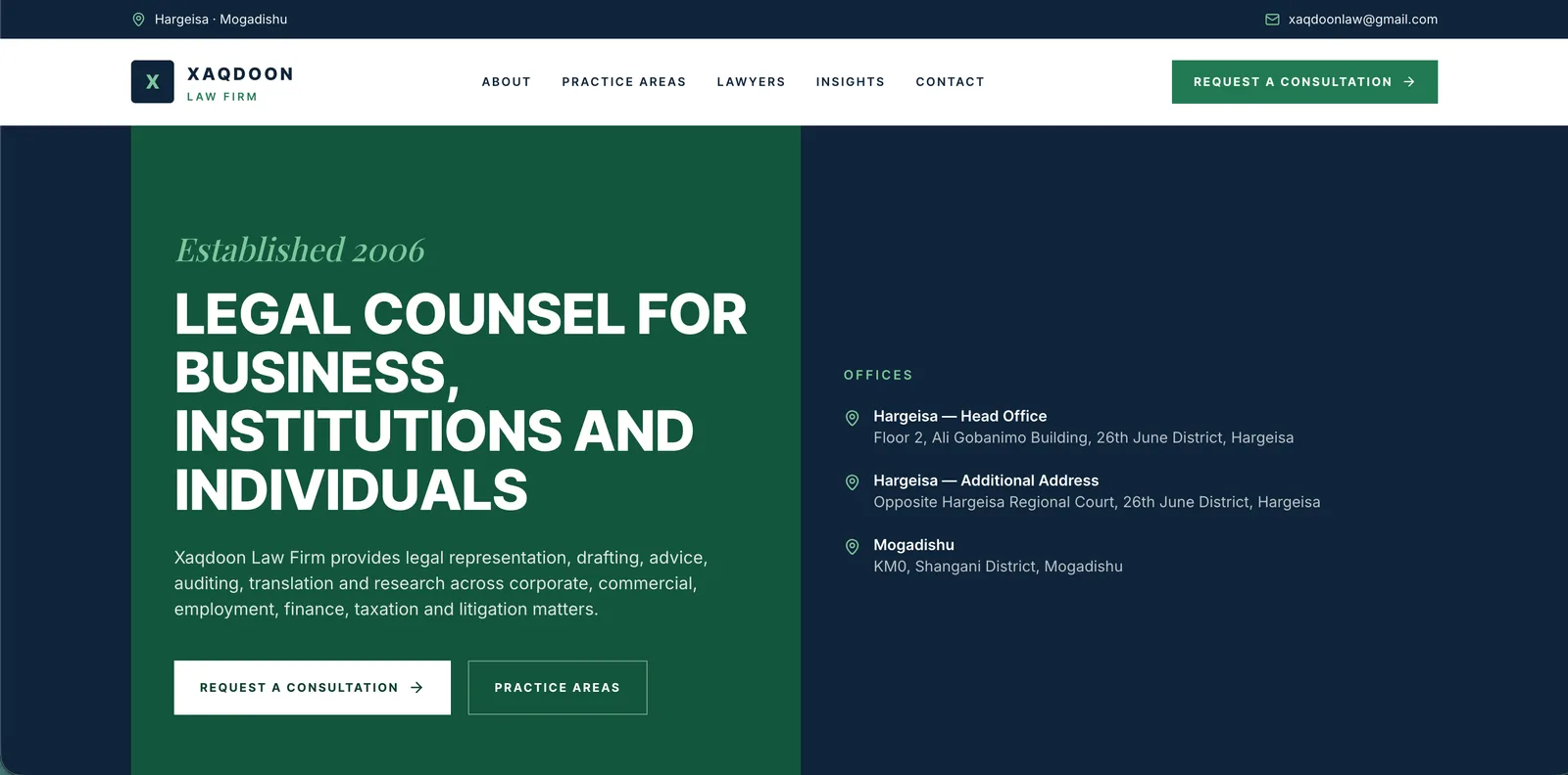 Xaqdoon Law Firm home page: a green panel reading “Legal counsel for business, institutions and individuals” beside a navy panel listing the offices in Hargeisa and Mogadishu.