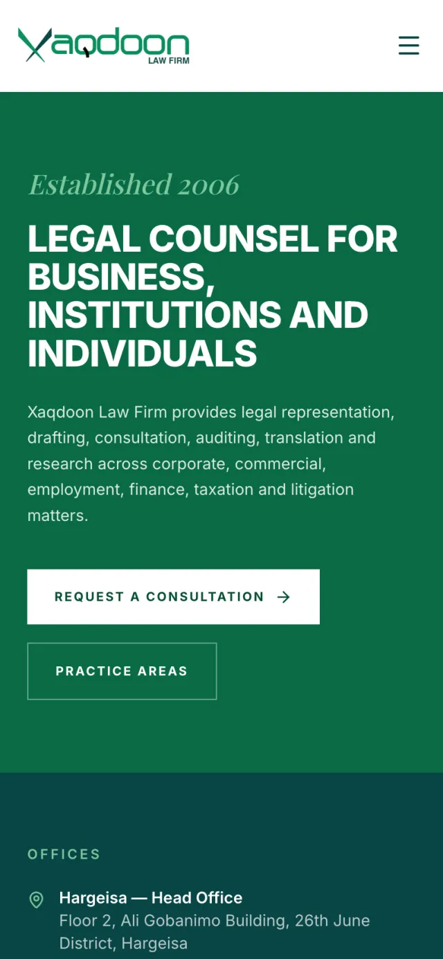 Xaqdoon Law Firm home page on a phone: the green opening panel with “Request a consultation” as the first button, and the offices directly below.